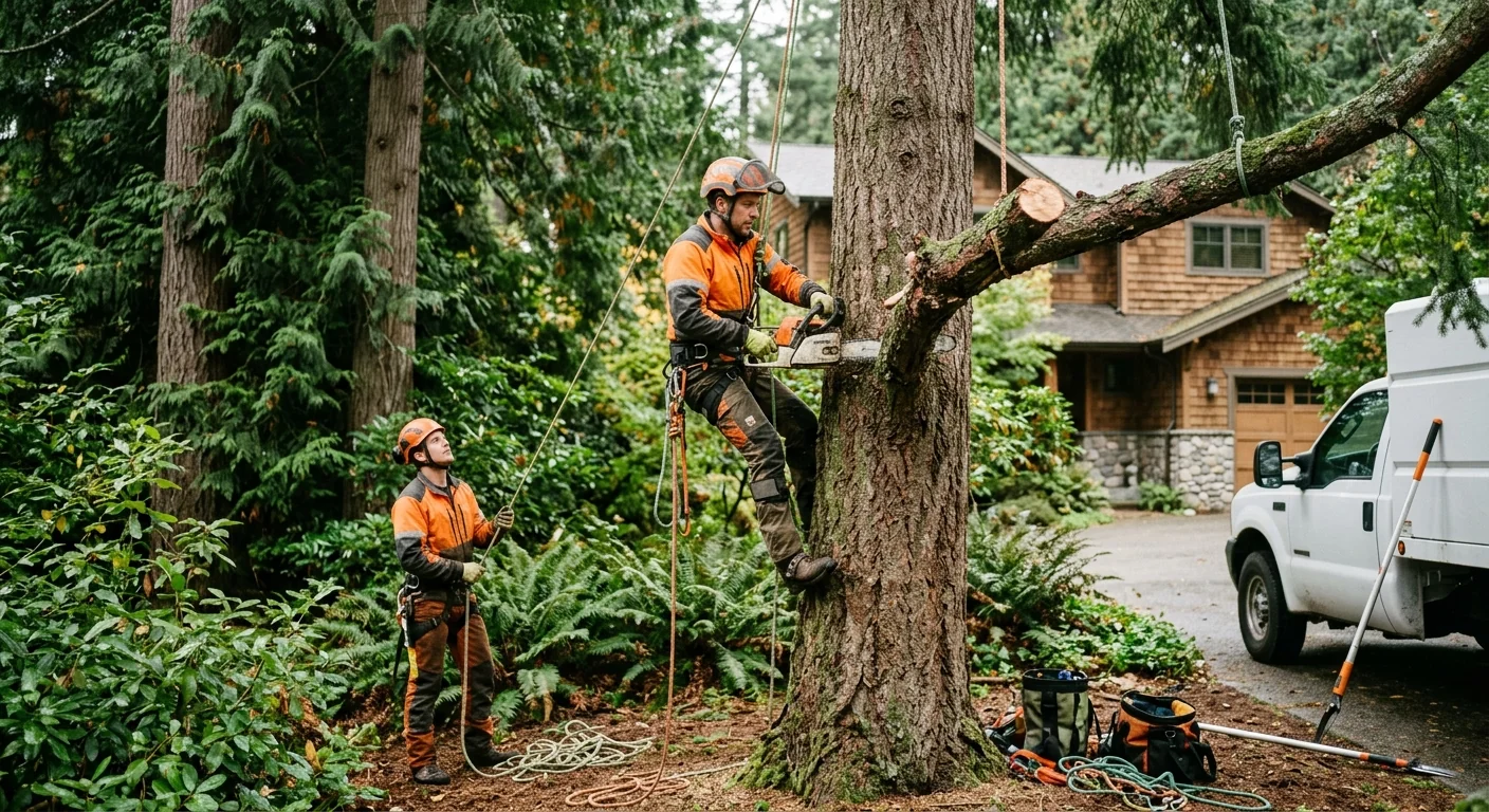 Crew clearing dense understory brush from a wooded Mercer Island residential property