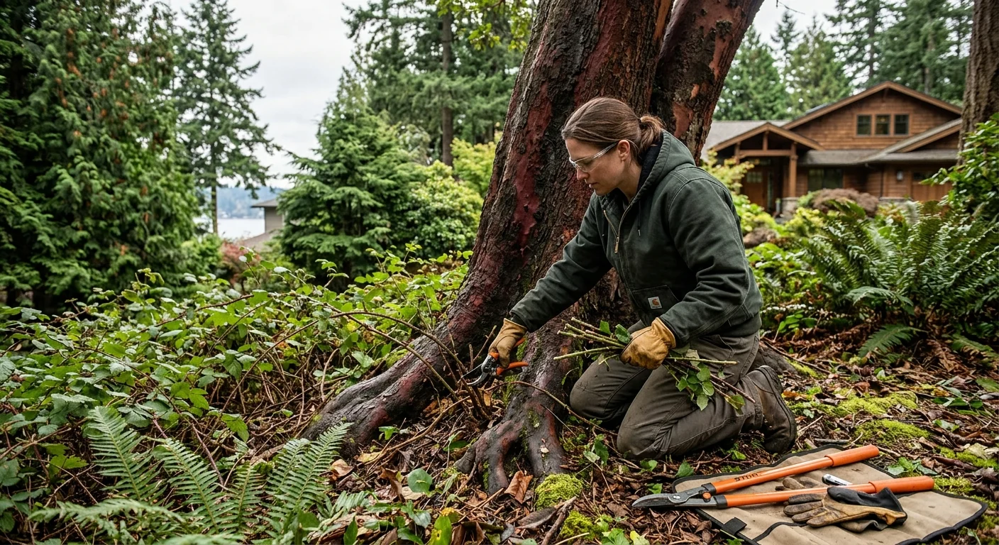 Technician selectively removing invasive brush near mature tree roots on a Mercer Island lot