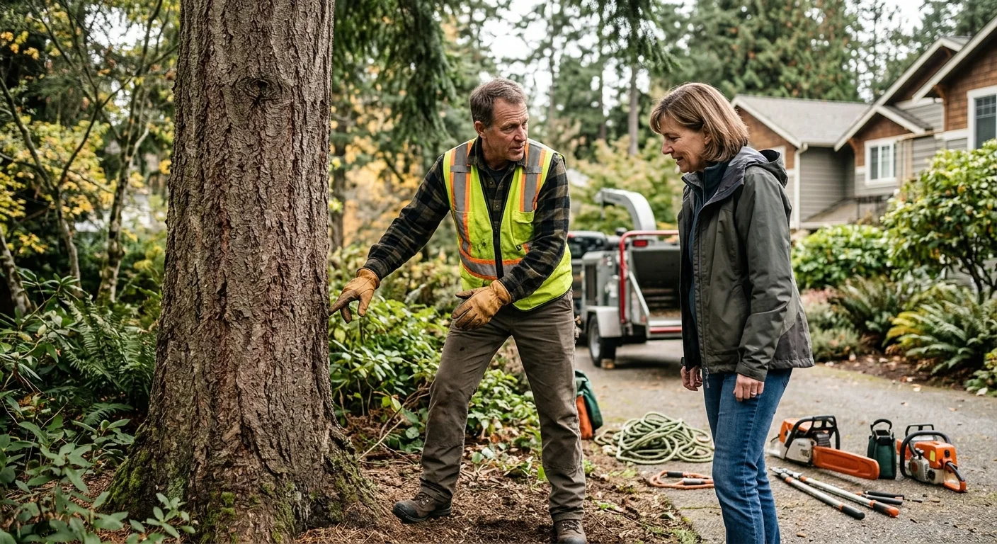 Crane lifting a large removed tree section over a Mercer Island backyard