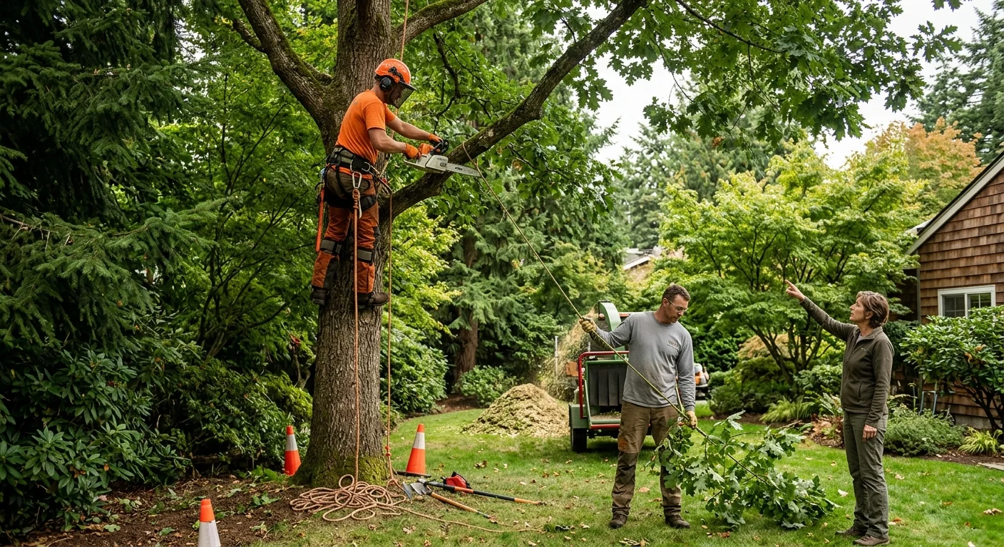 Crane lifting a large tree section over a Mercer Island waterfront home