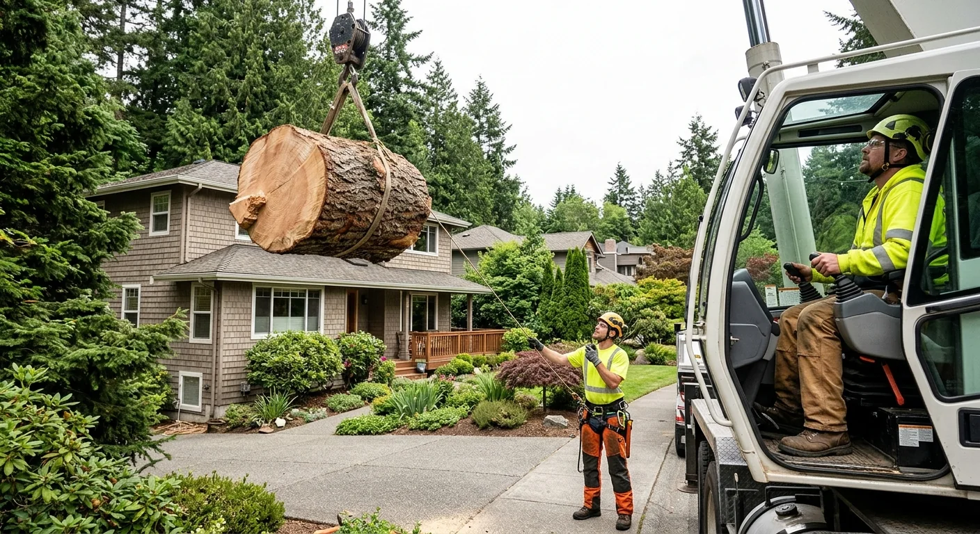 Crane operator guiding a suspended trunk section away from a Mercer Island home
