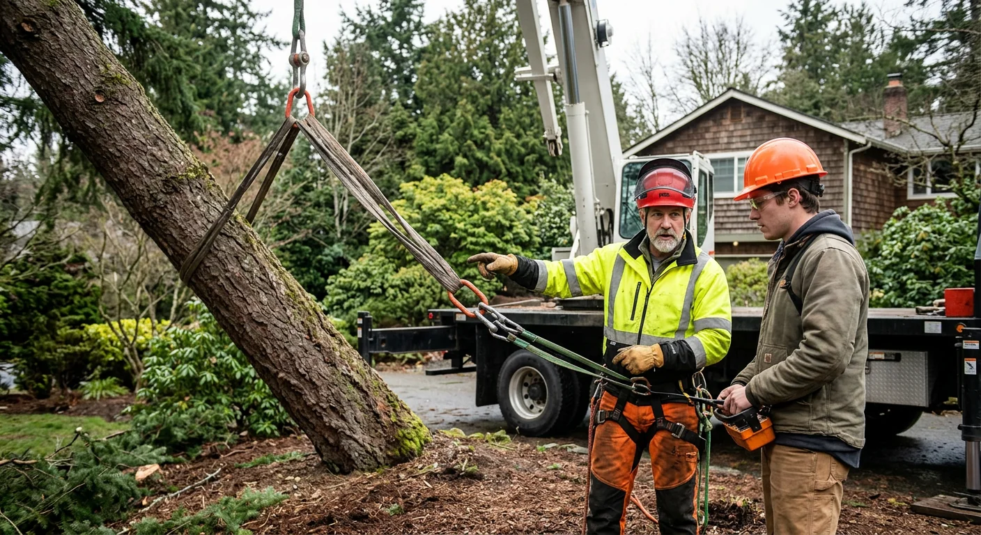 Arborist reviewing rigging and load points before a crane assisted tree removal