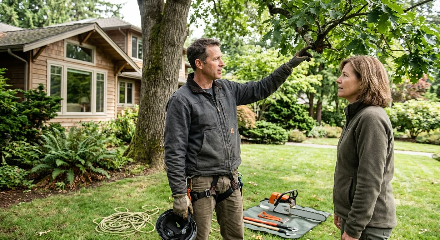 Arborist assessing a storm-damaged tree leaning over a Mercer Island home driveway