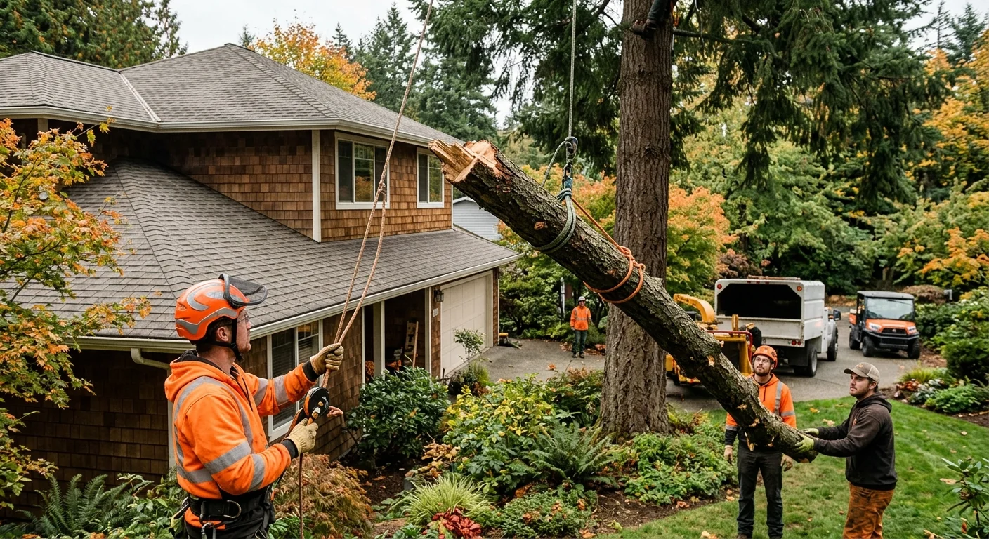 Crew safely lowering a large storm-broken limb near a Mercer Island rooftop