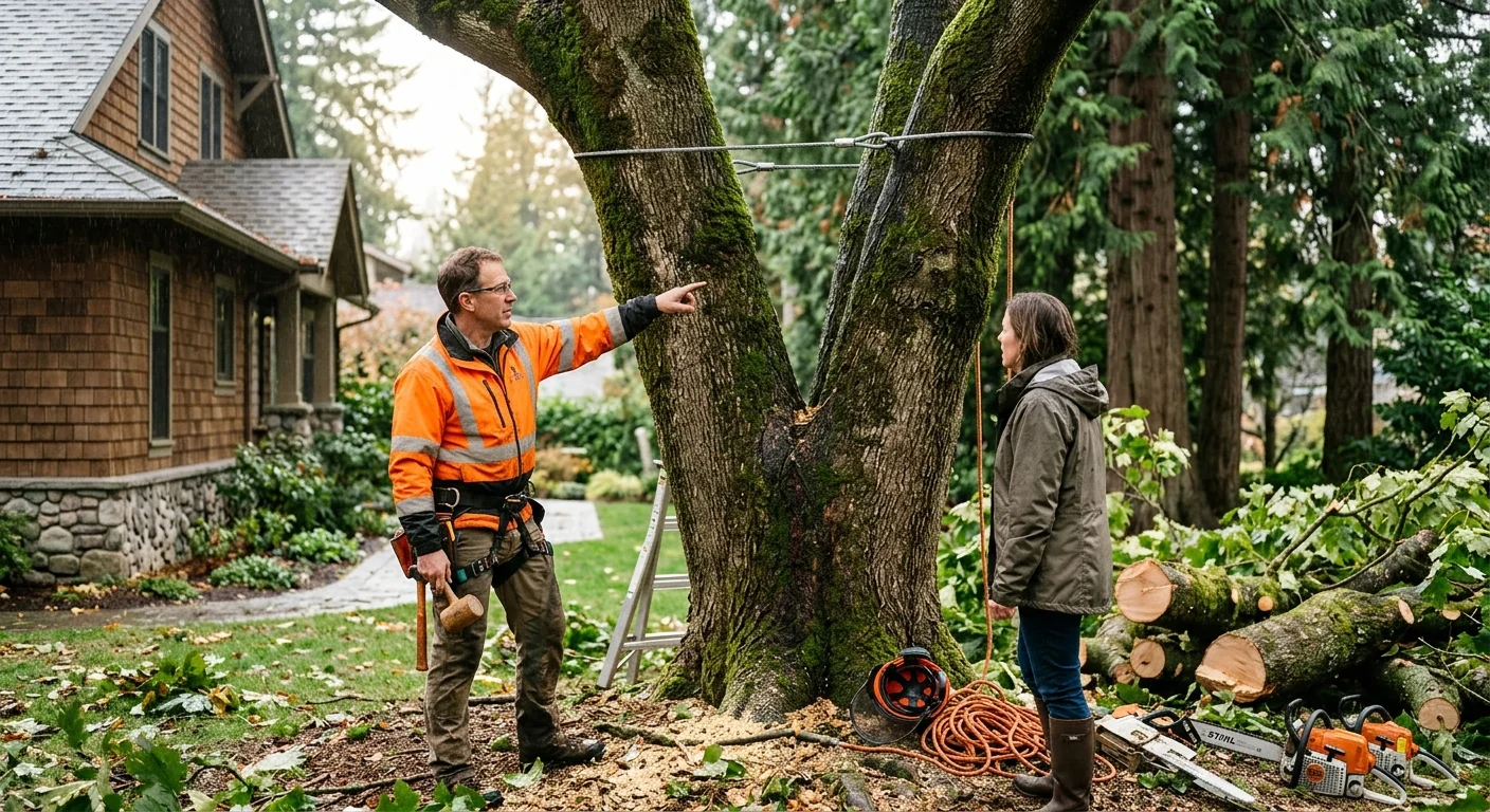 Arborist inspecting a braced tree after emergency cleanup on a residential lot