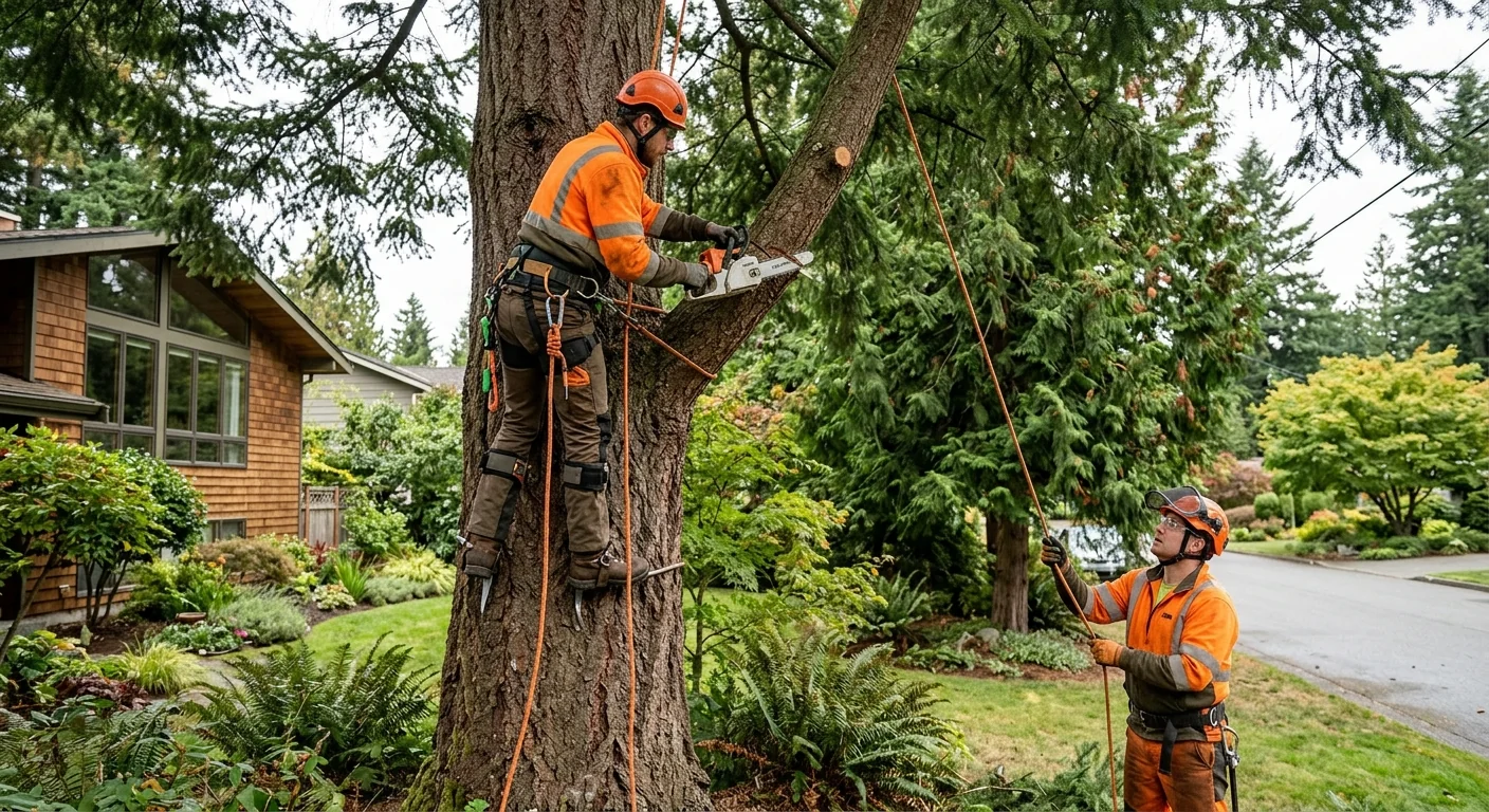 Arborist assessing a leaning hazardous tree near a home for removal pricing