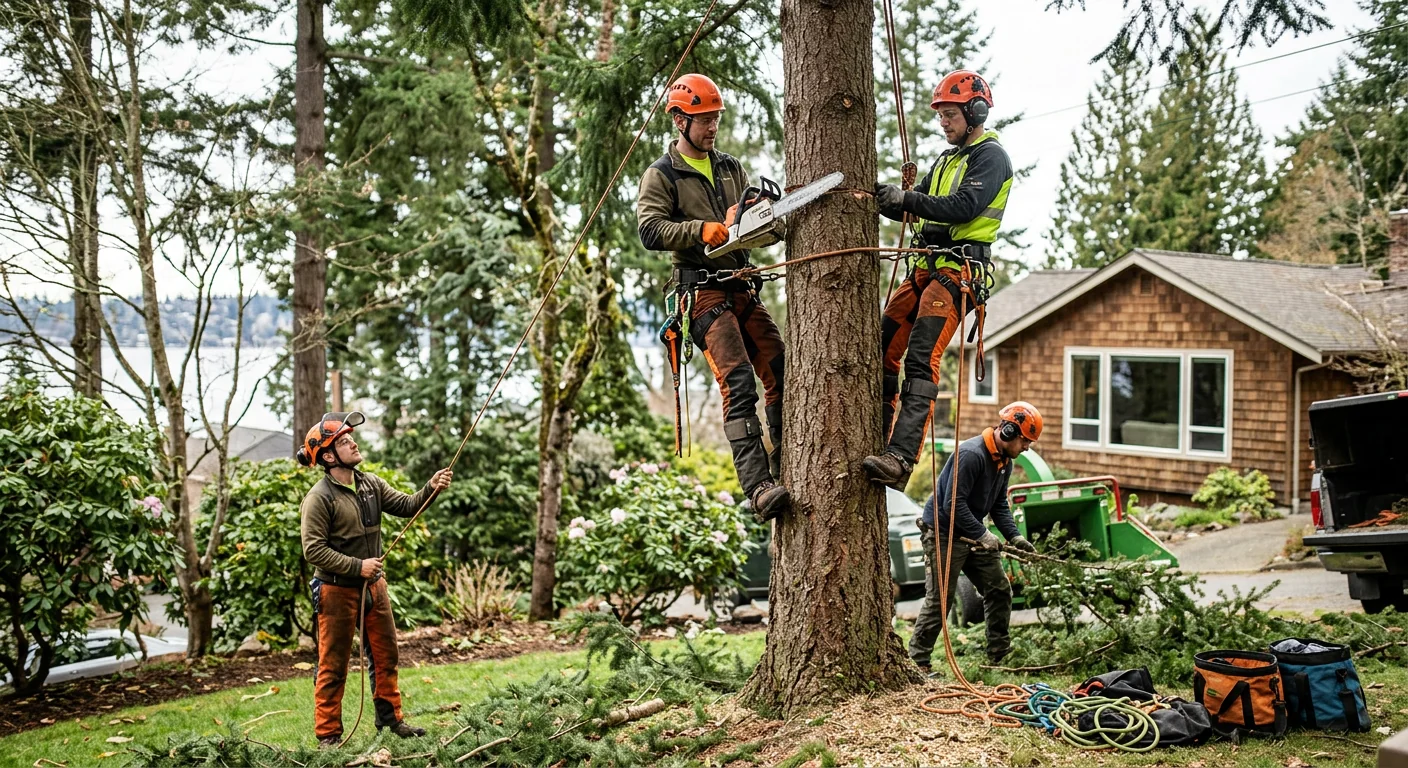 Arborist safely dismantling a leaning hazardous tree beside a Mercer Island home