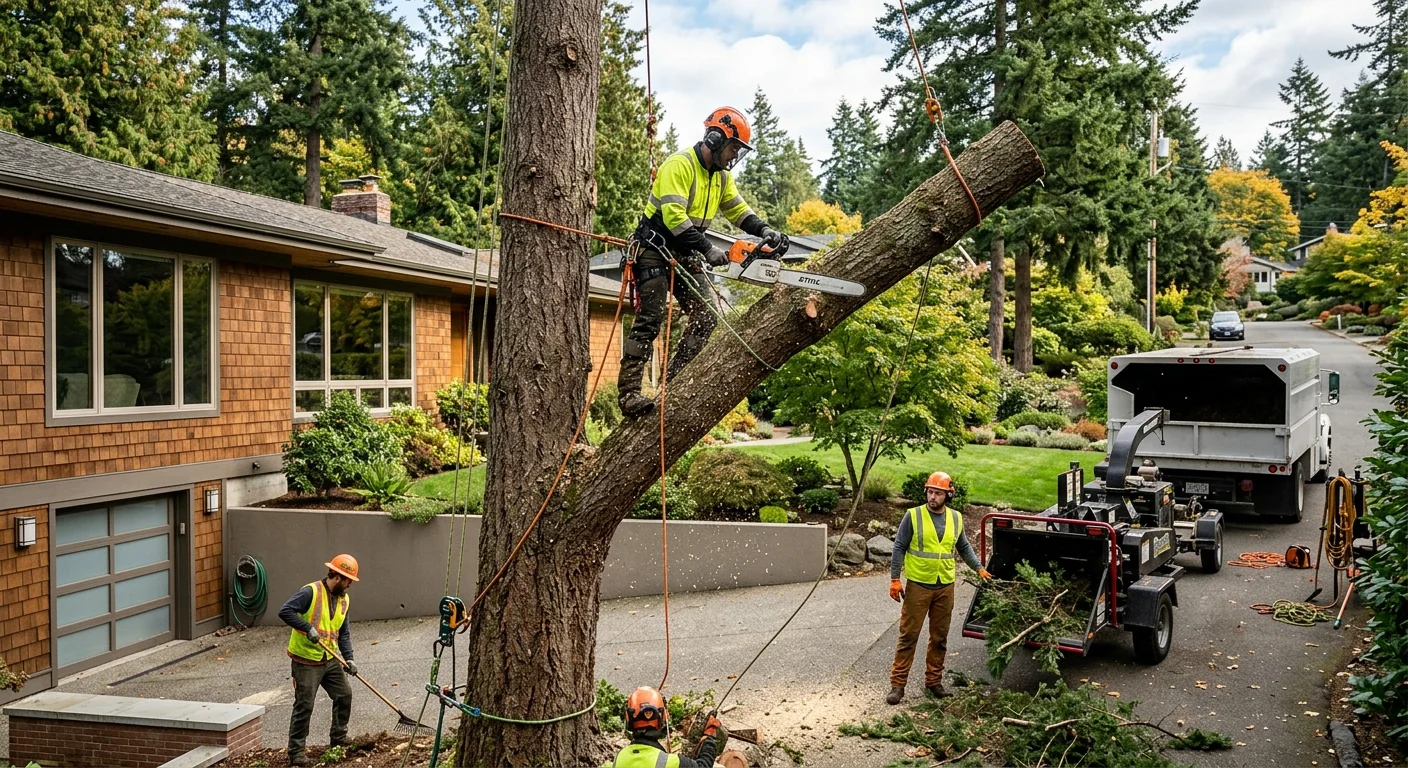 Crew performing controlled sectional dismantling of a hazardous tree beside a Mercer Island home