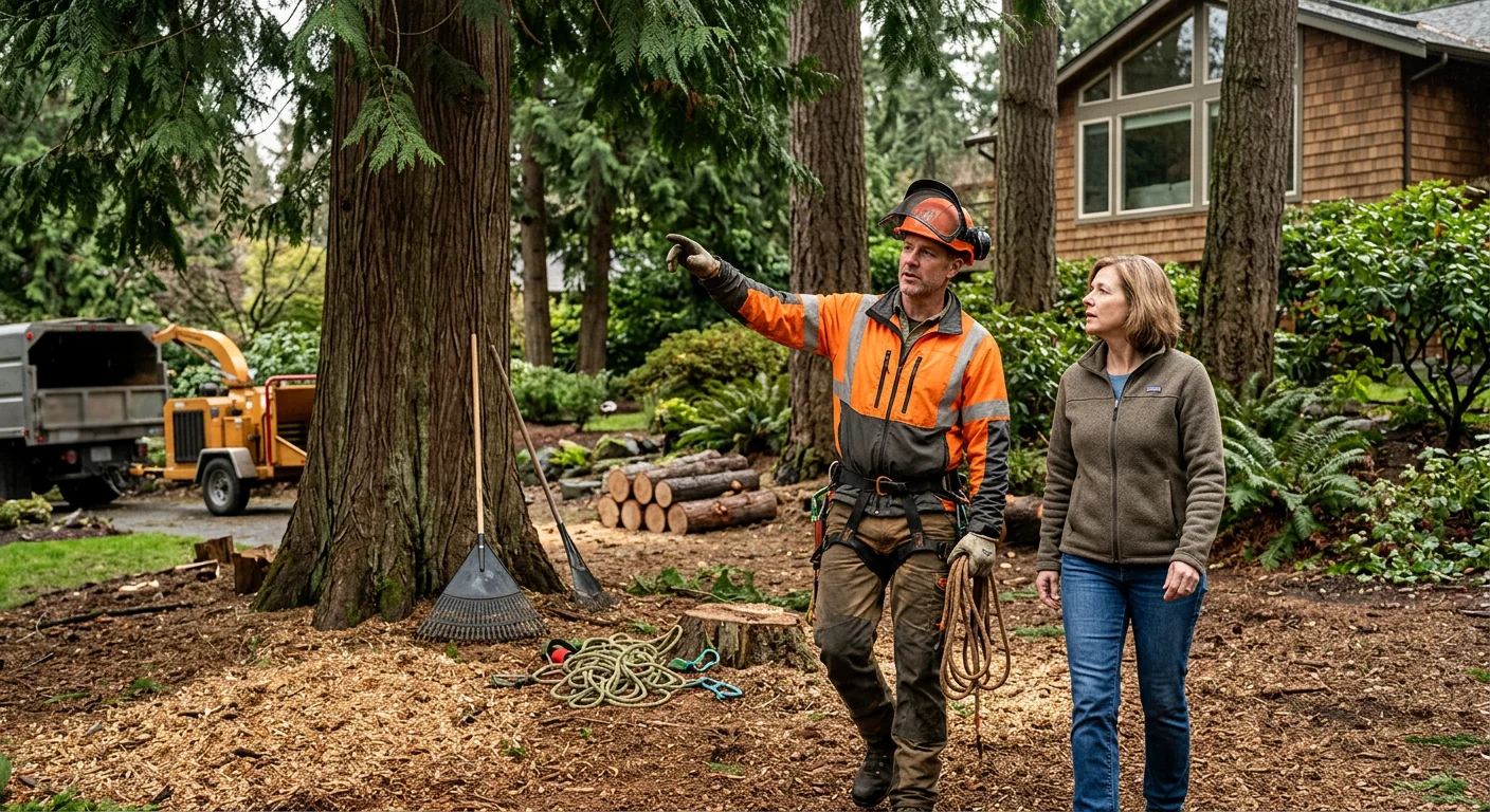 Arborist reviewing cleared work area and remaining trees during a post-job walkthrough
