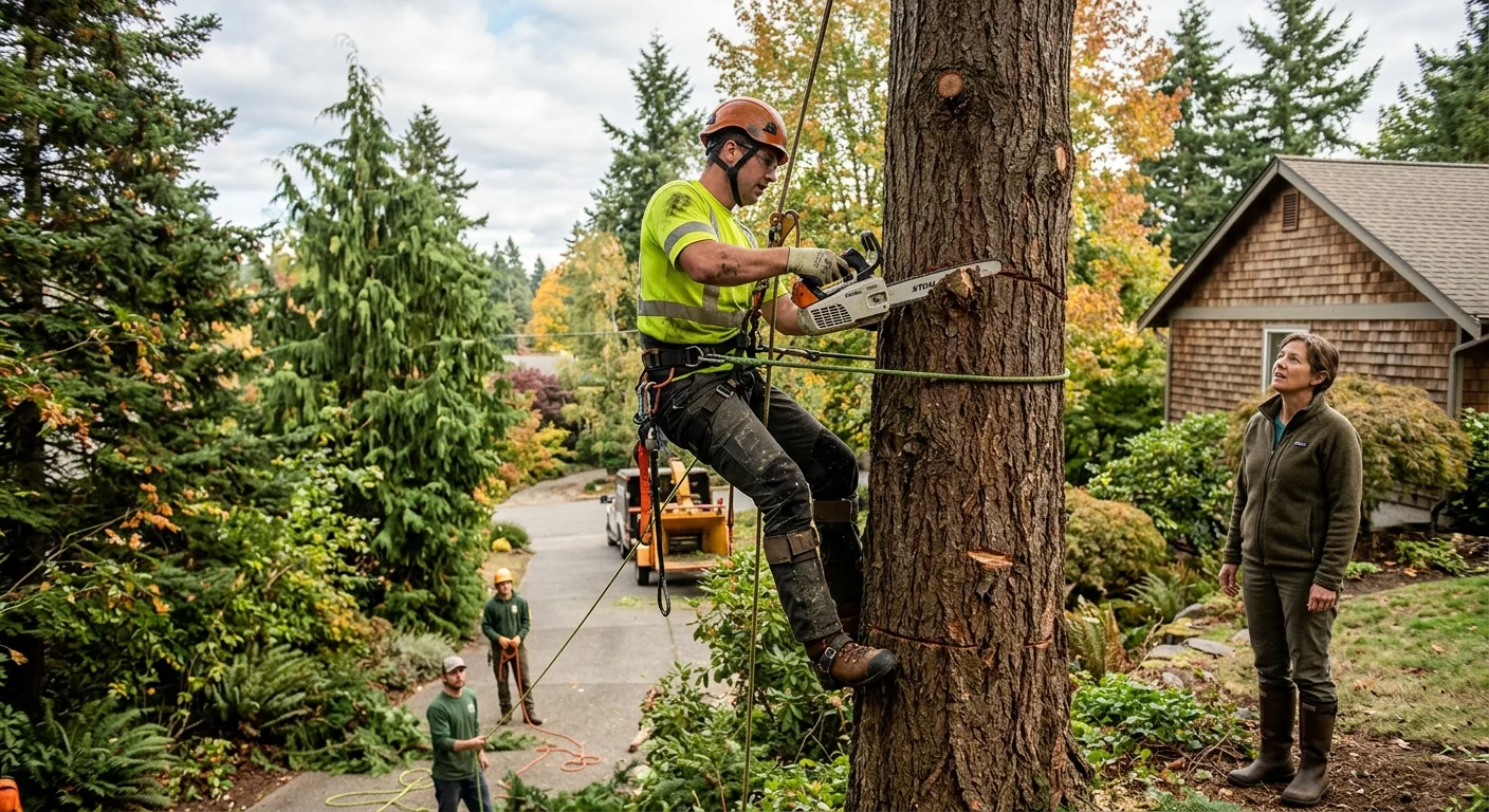 Crew reviewing a partially cleared residential lot with equipment staged nearby in Mercer Island