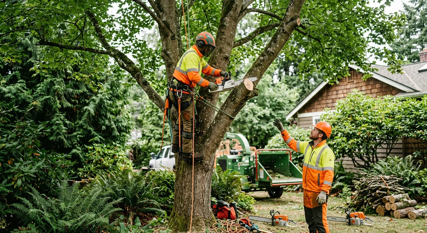 Crew clearing a wooded residential lot on a sloped Mercer Island property
