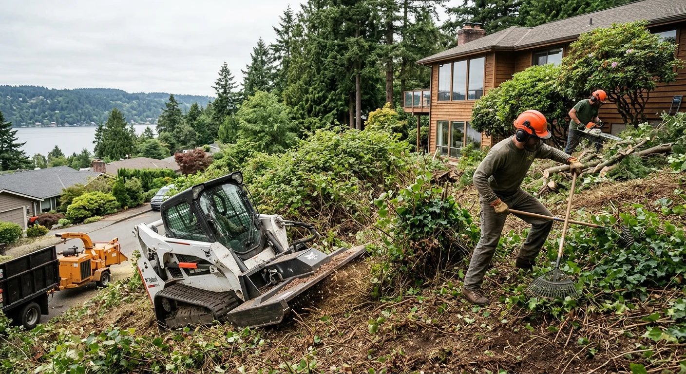 Machinery clearing dense brush from a sloped residential lot in Mercer Island