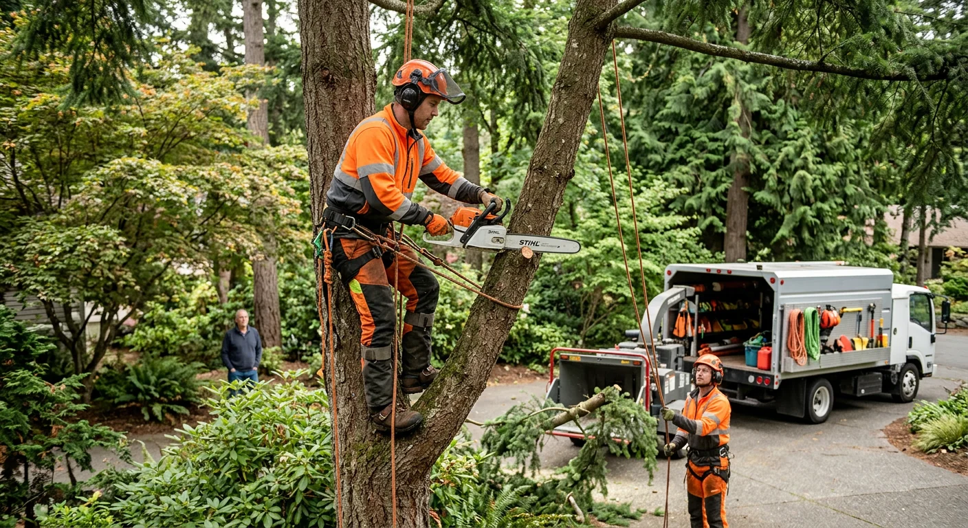 Fallen storm-damaged tree limbs being cleared from a Mercer Island residential yard