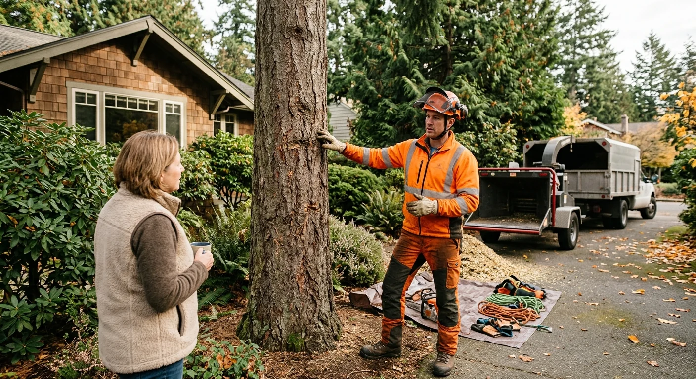 Arborist clearing storm-fallen tree limbs from a Mercer Island residential yard