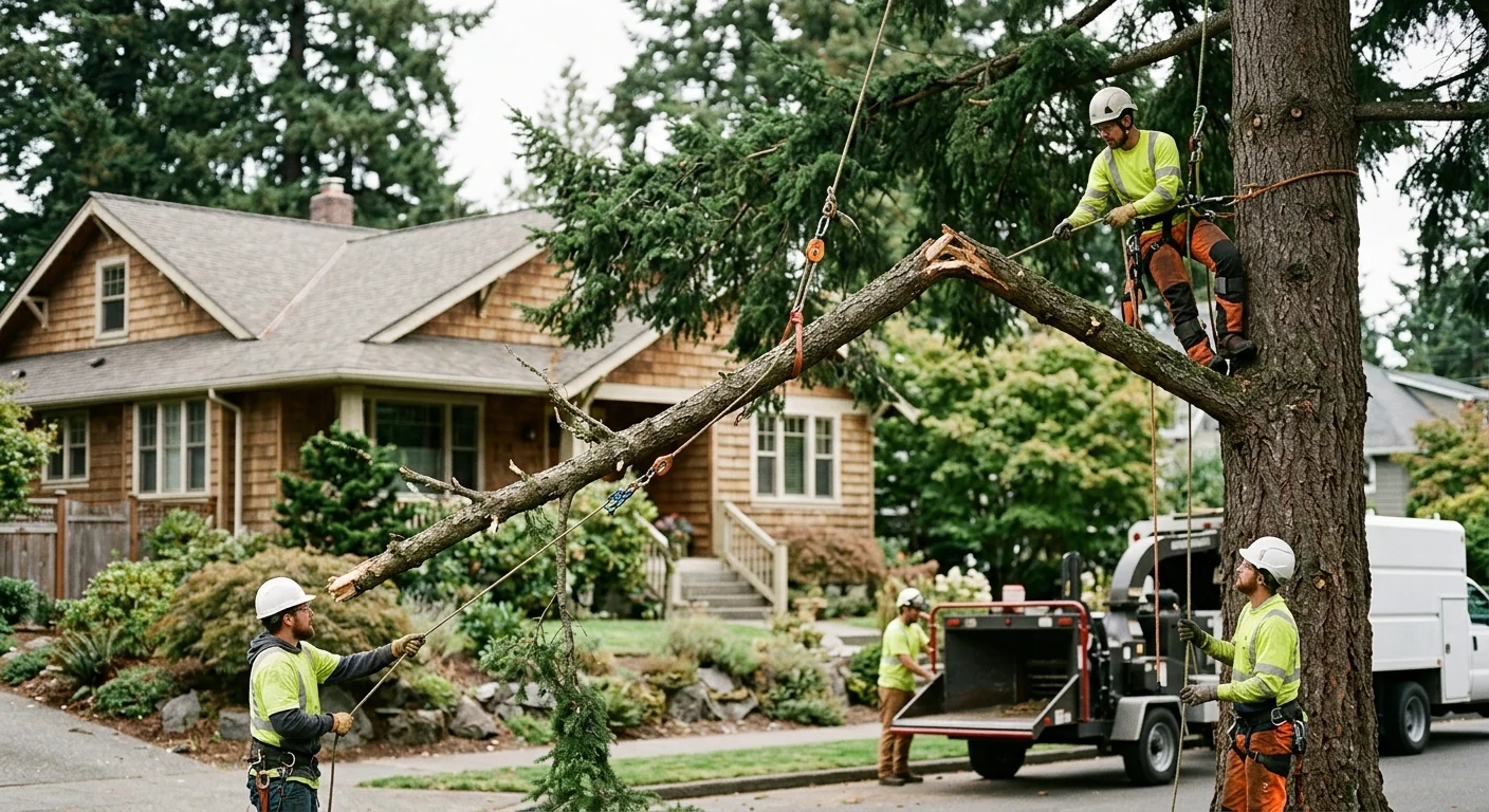 Tree crew safely rigging and lowering a broken storm-damaged limb near a home