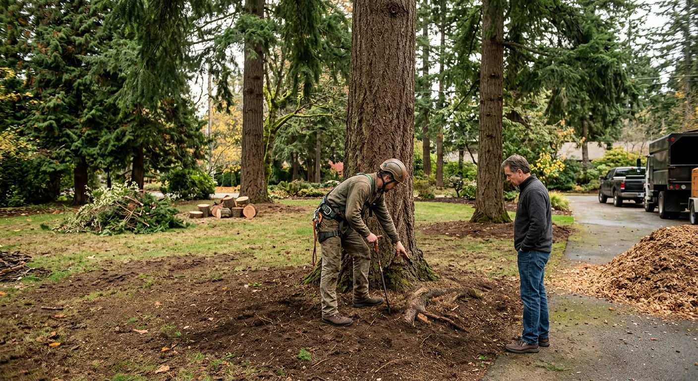 Cleared yard after storm cleanup with healthy remaining trees inspected for stability