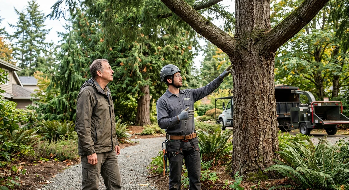 Stump grinder reducing a hardwood stump below grade in a Mercer Island yard