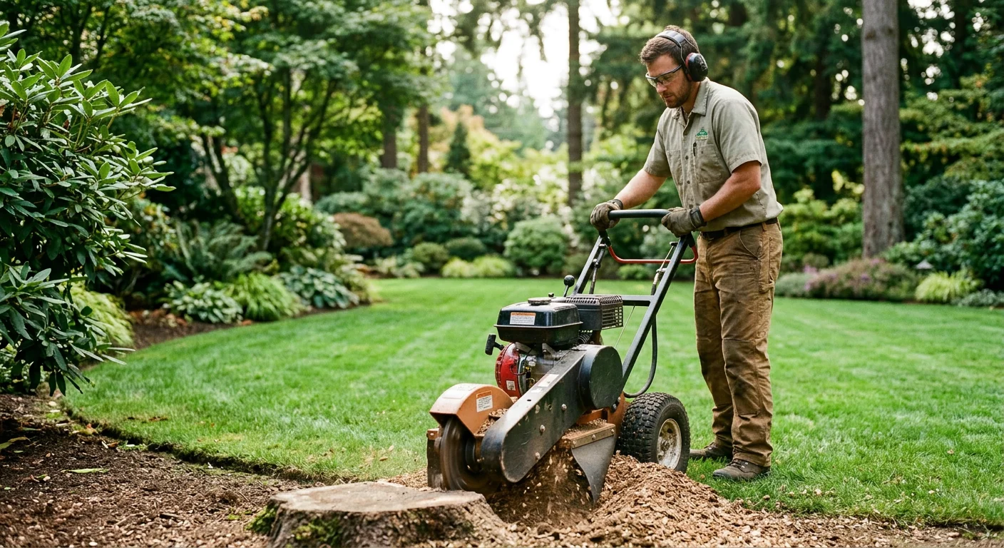 Technician grinding a stump below grade near a landscaped Mercer Island lawn