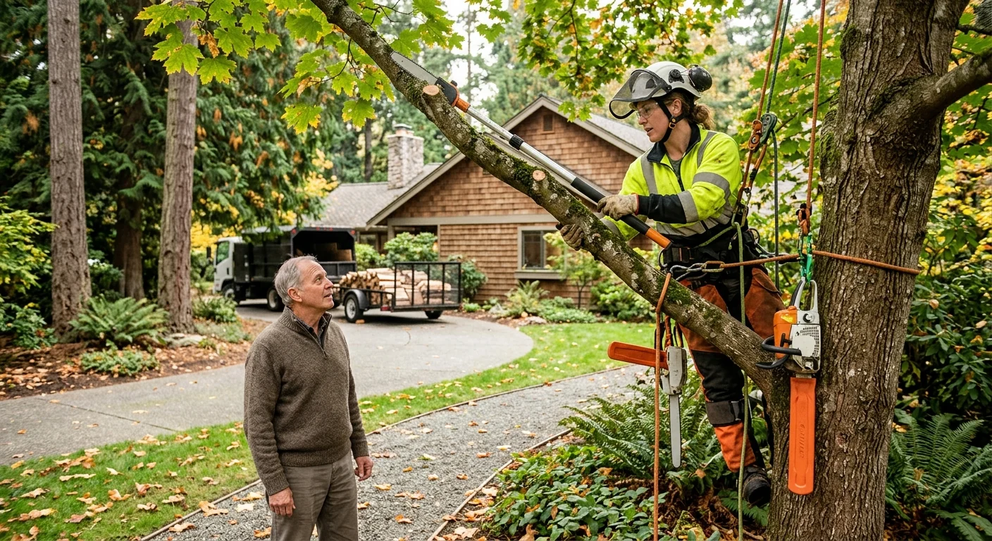 Arborist installing support cable in mature shade tree canopy on residential Mercer Island property