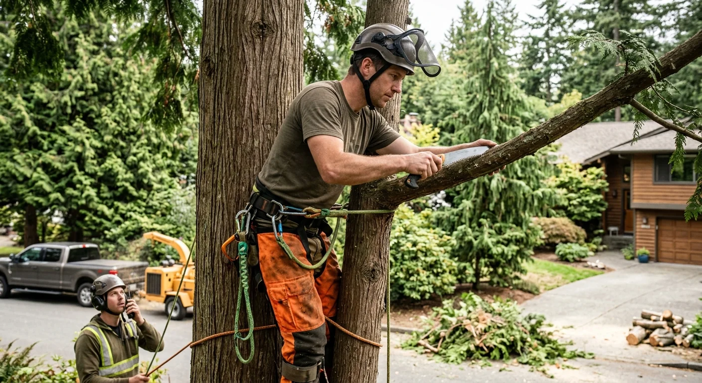 Arborist installing steel support cable in a mature tree canopy on Mercer Island