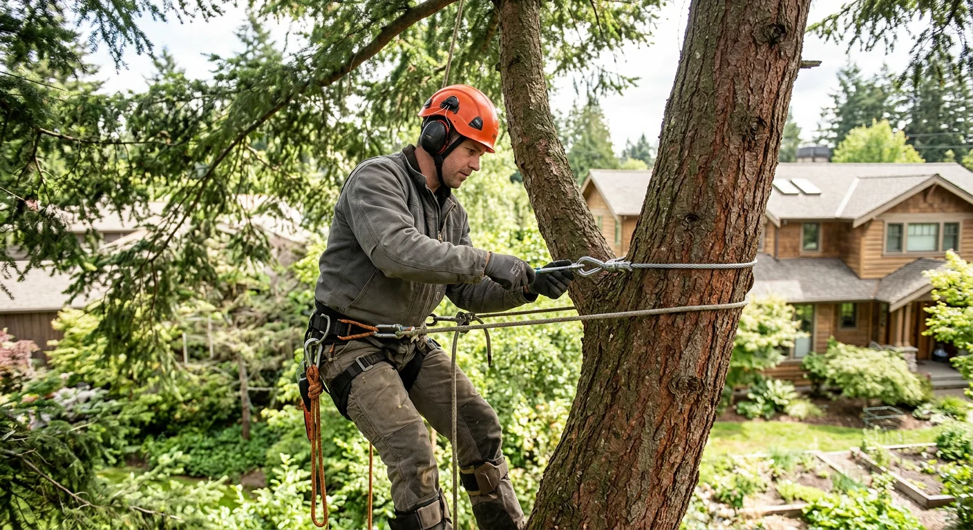 Support cable and hardware securing co-dominant stems in a large residential tree canopy
