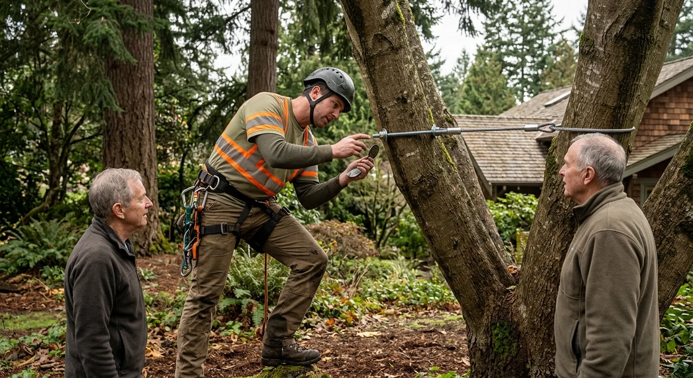 Arborist inspecting brace rod installation during scheduled follow-up on Mercer Island property