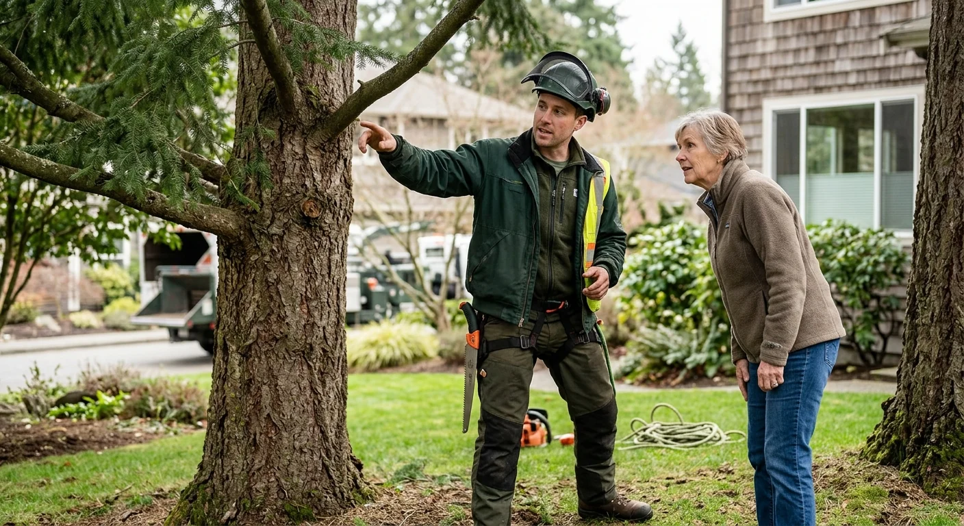 Arborist inspecting a mature evergreen canopy on a Mercer Island residential property