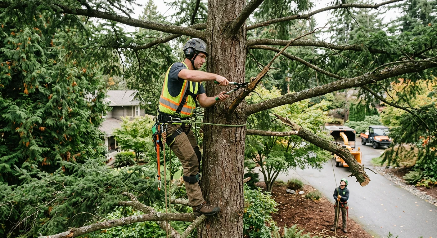 Certified arborist pruning deadwood from a mature canopy to support long-term tree health