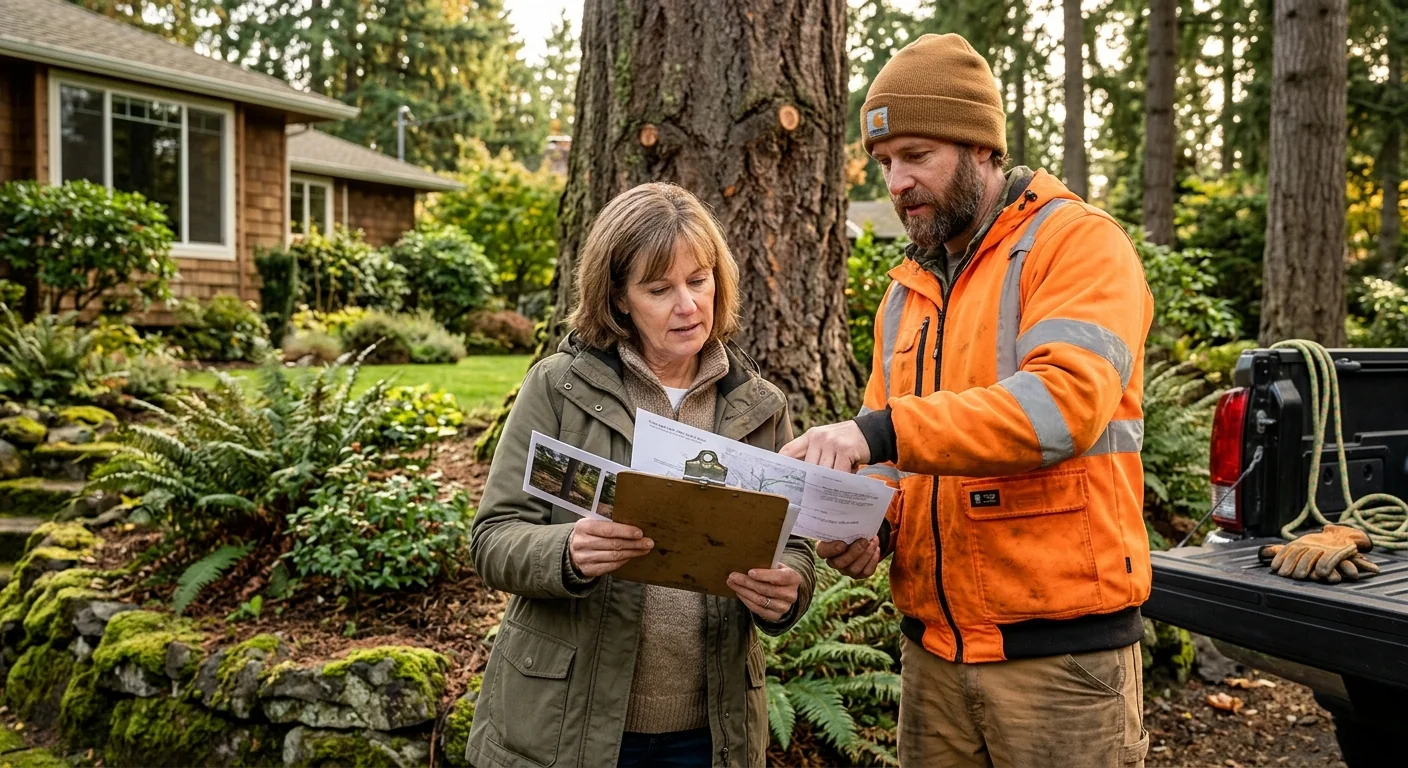 Homeowner reviewing a tree care plan and photo documentation during a post-job walkthrough