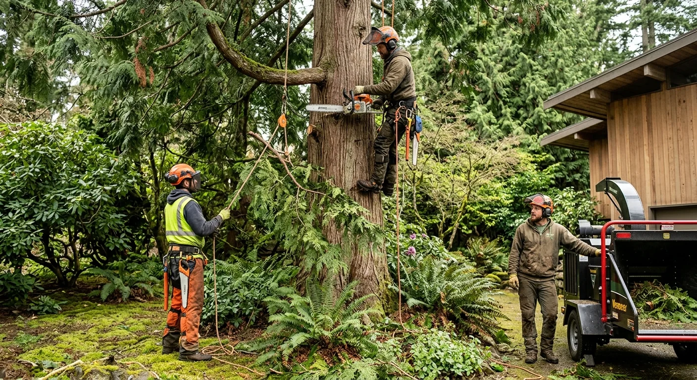 Arborist positioning a young tree with proper root flare on a Mercer Island lawn