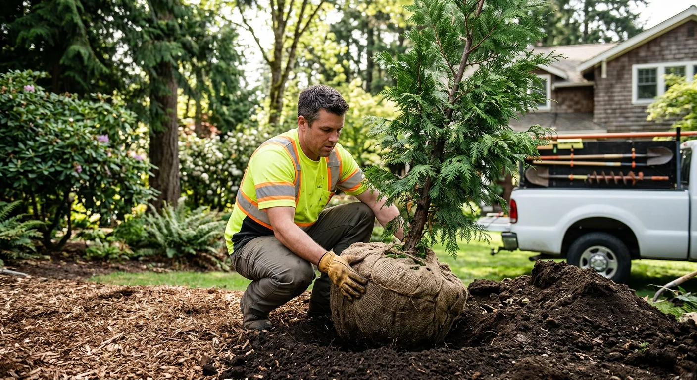Arborist positioning a balled root ball into a prepared planting hole in Mercer Island