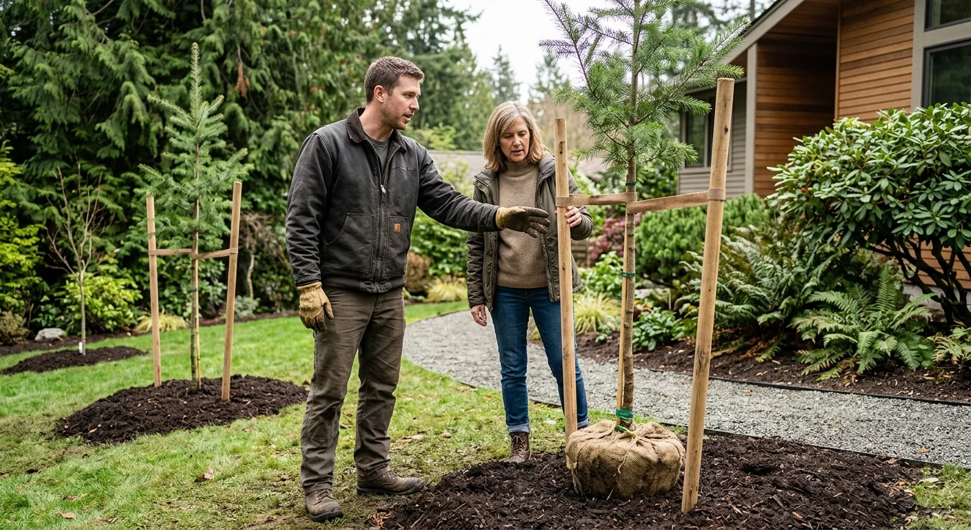 Homeowner and specialist reviewing newly planted trees during a post-job property walkthrough