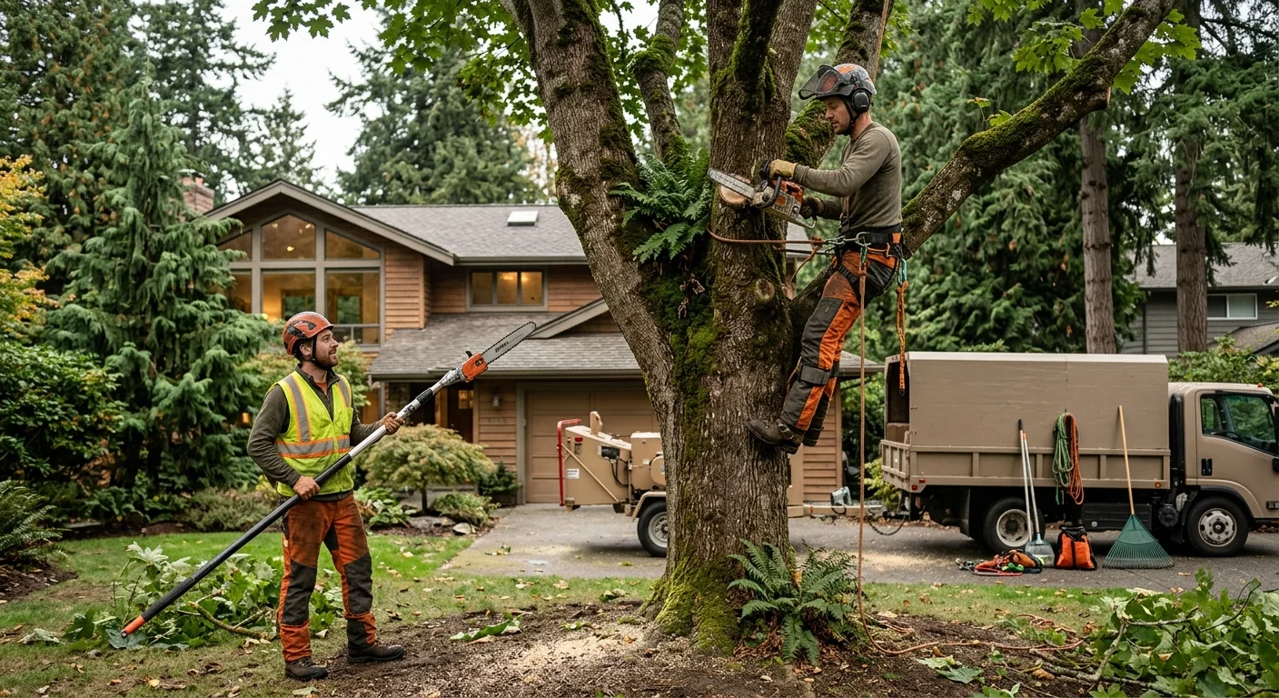 Arborist evaluating a mature tree canopy before pruning on a Mercer Island property