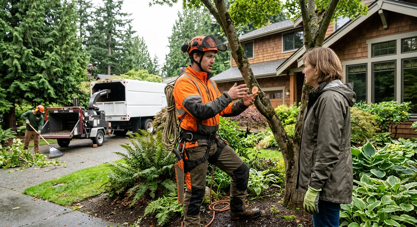 Arborist performing crown thinning on a mature tree in a Mercer Island yard