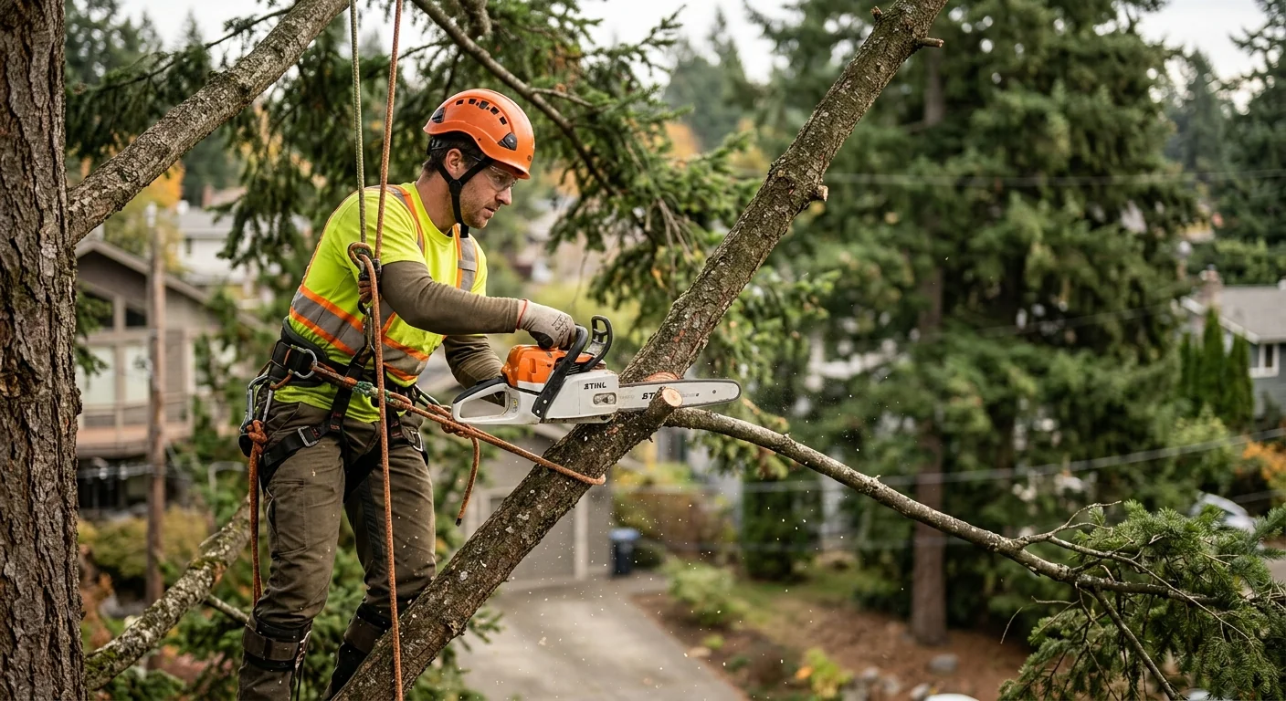 Climber making a precise branch-collar cut during canopy thinning on a residential tree