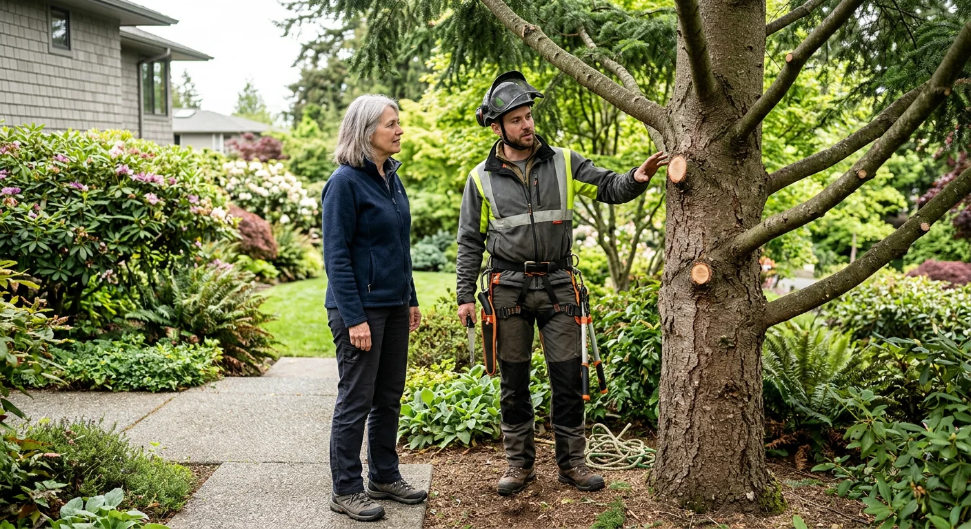 Homeowner reviewing pruning results during a post-job walkthrough in Mercer Island