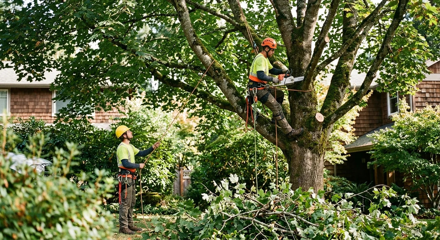 Arborist assessing a large tree before removal on a Mercer Island residential lot