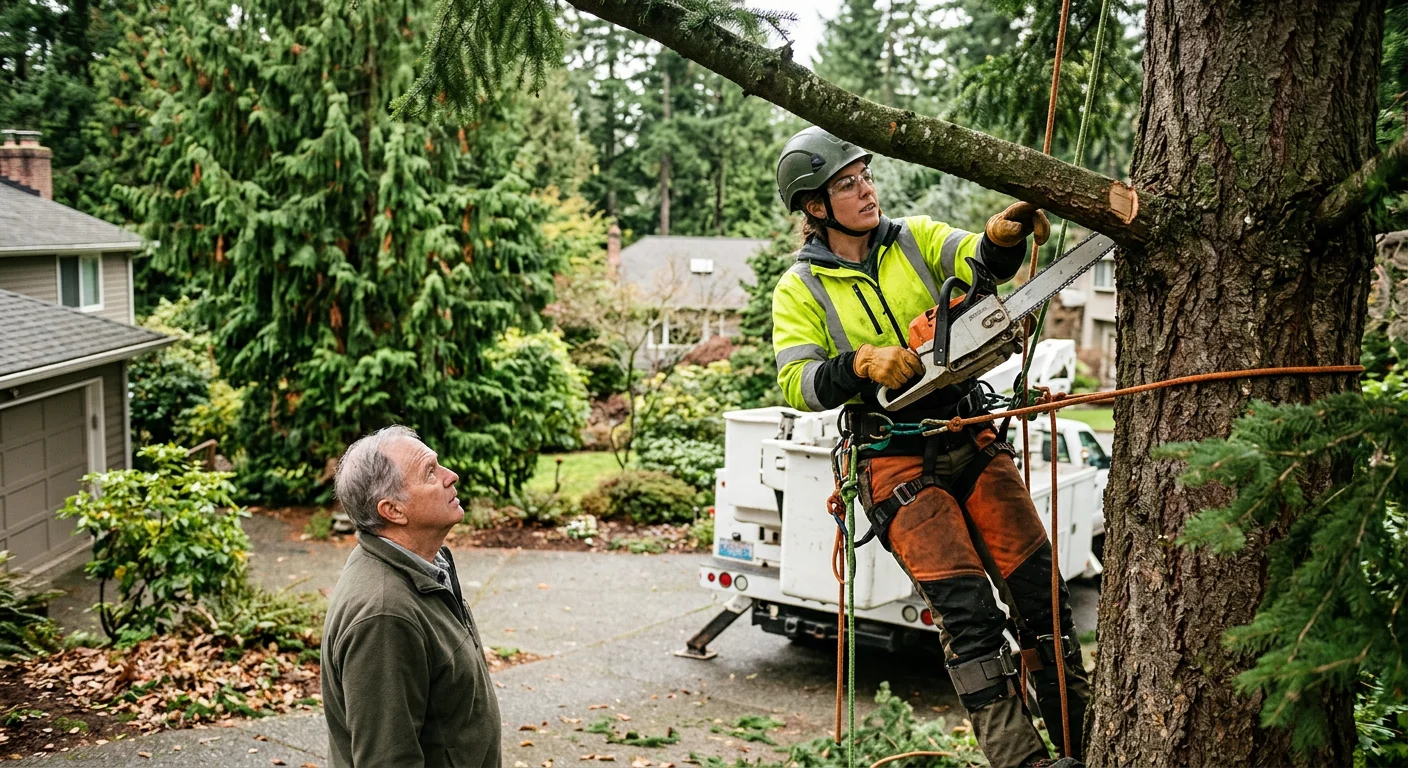 Arborist sectionally dismantling a large tree on a Mercer Island residential lot