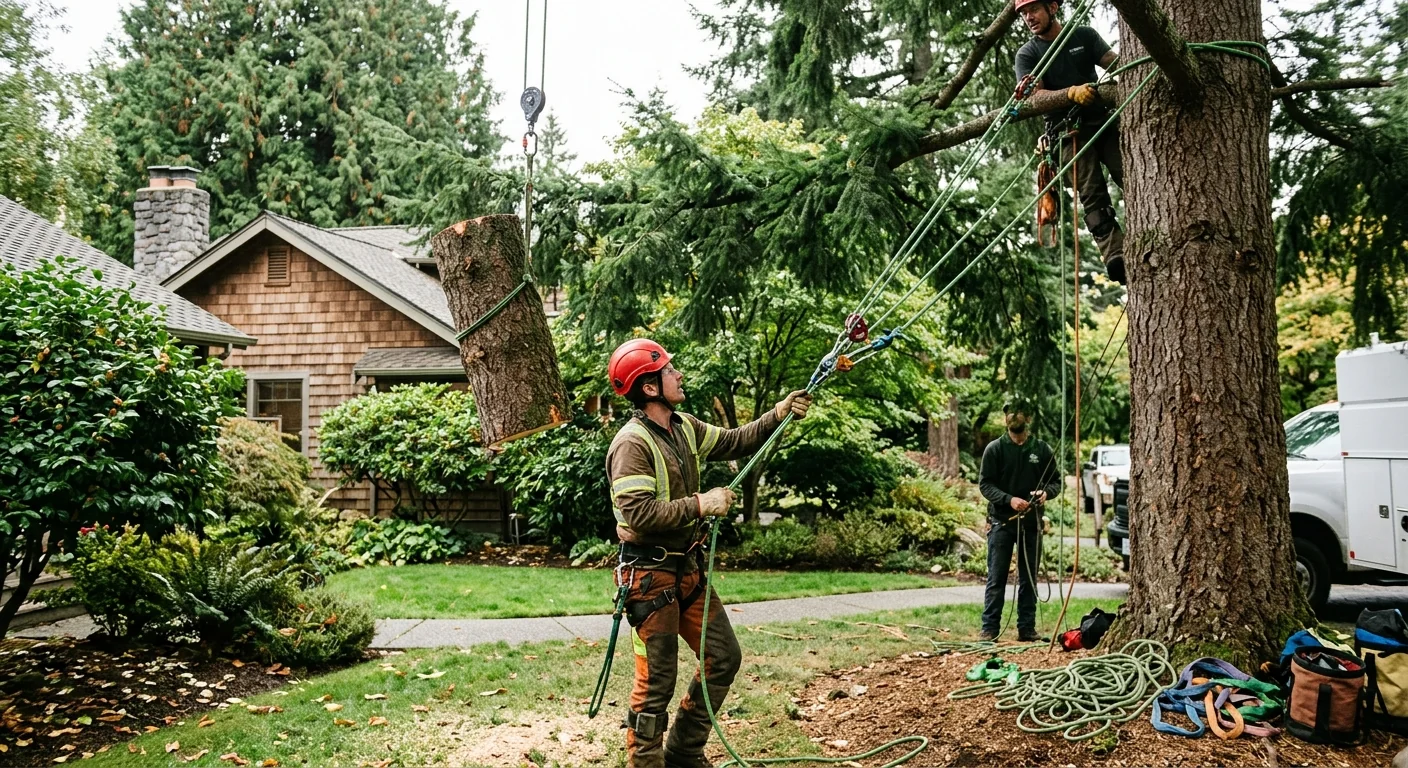 Tree removal crew using rigging lines to lower sections near a Mercer Island home