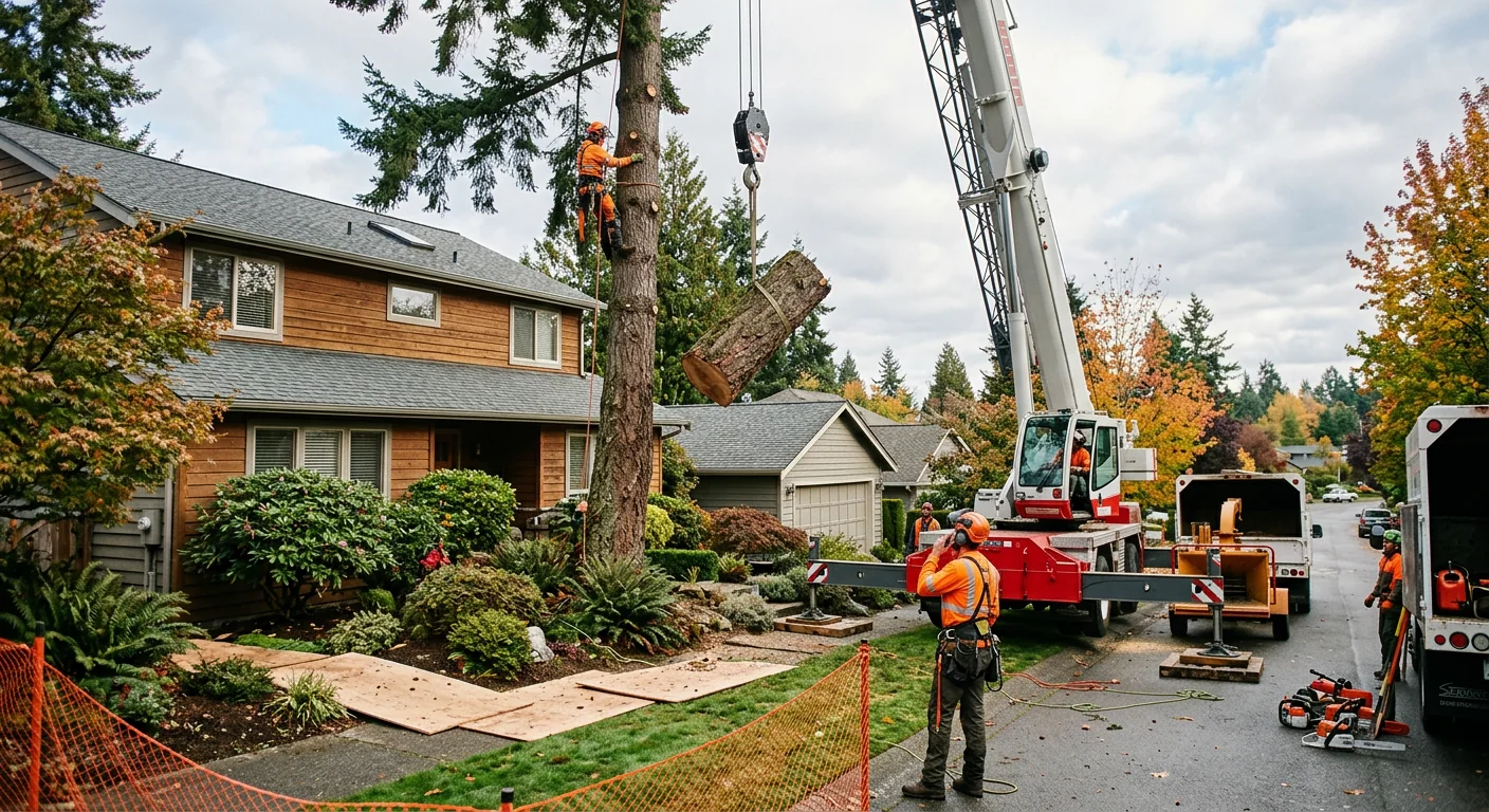 Crane-assisted tree takedown protecting nearby structures on a residential property