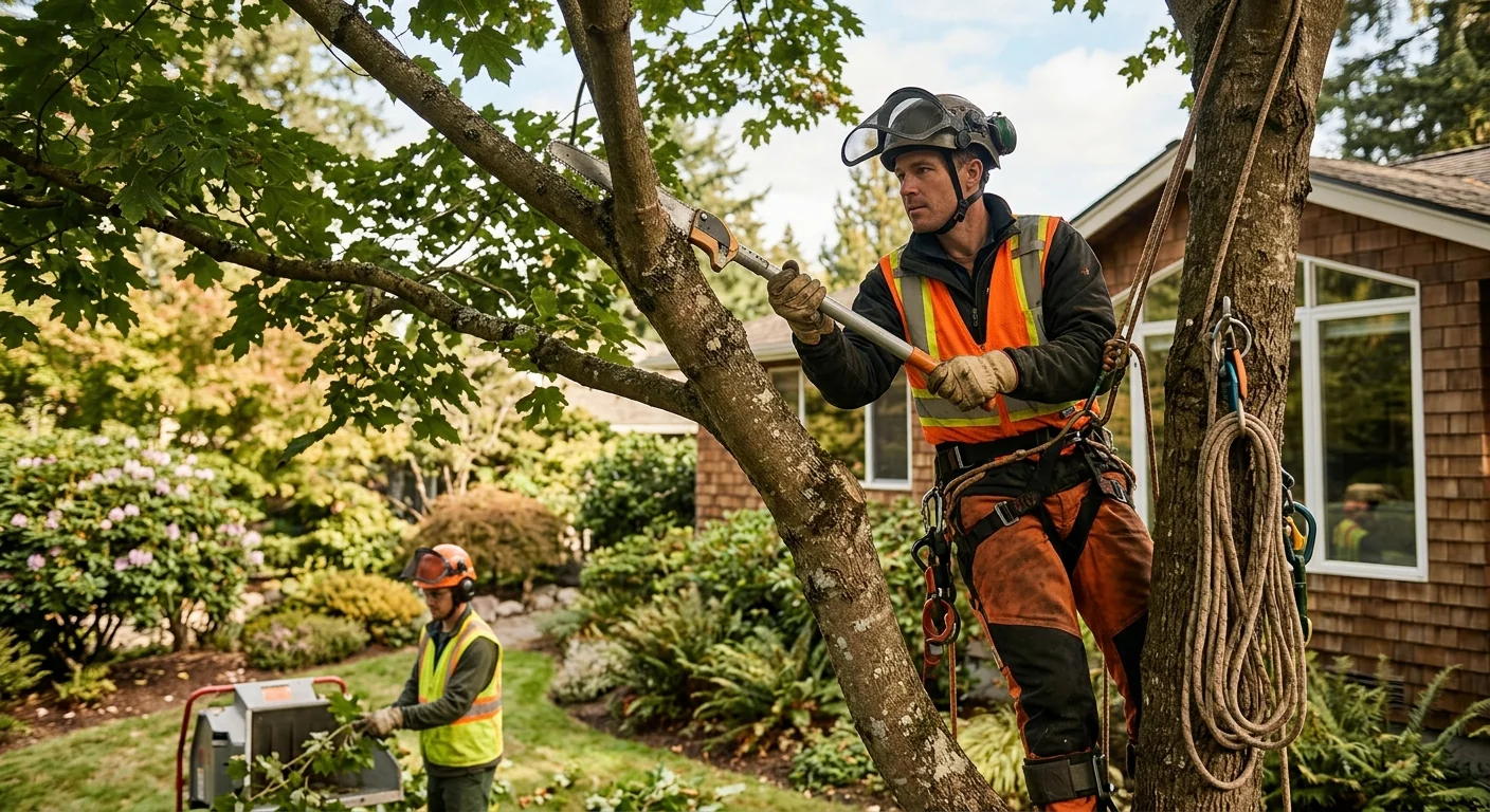 Arborist inspecting a mature tree trunk during a risk assessment on a Mercer Island property