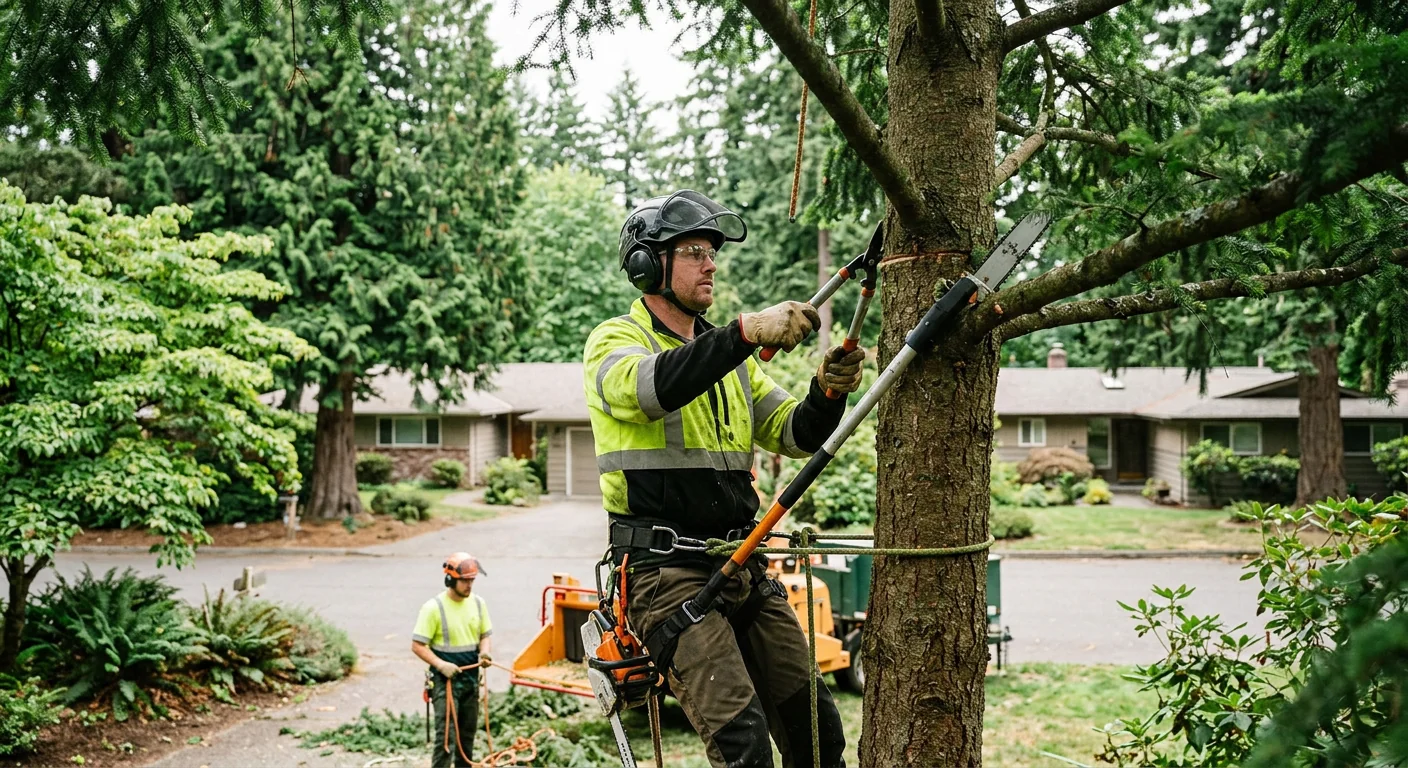 Arborist inspecting a mature tree trunk for decay near a Mercer Island home