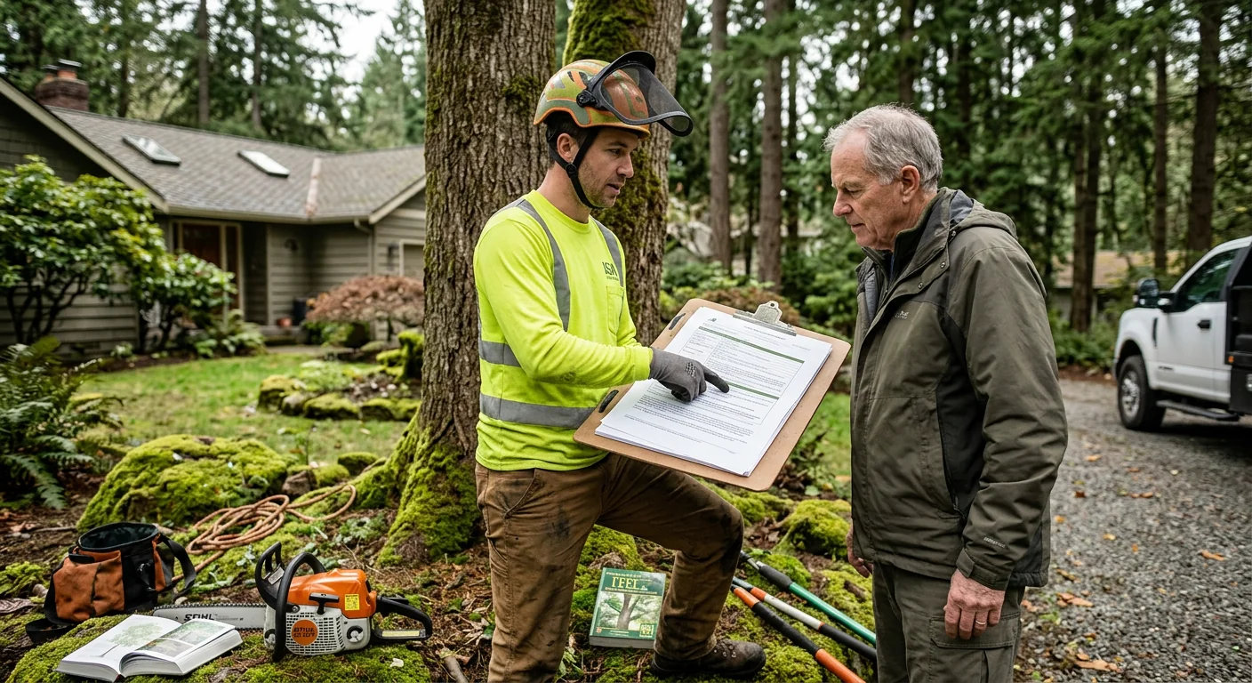 Arborist reviewing a written tree risk report with a homeowner on a shaded property