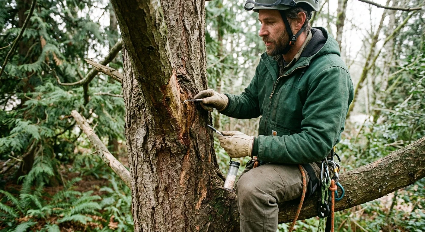 Close inspection of a branch union for decay during a Mercer Island tree evaluation