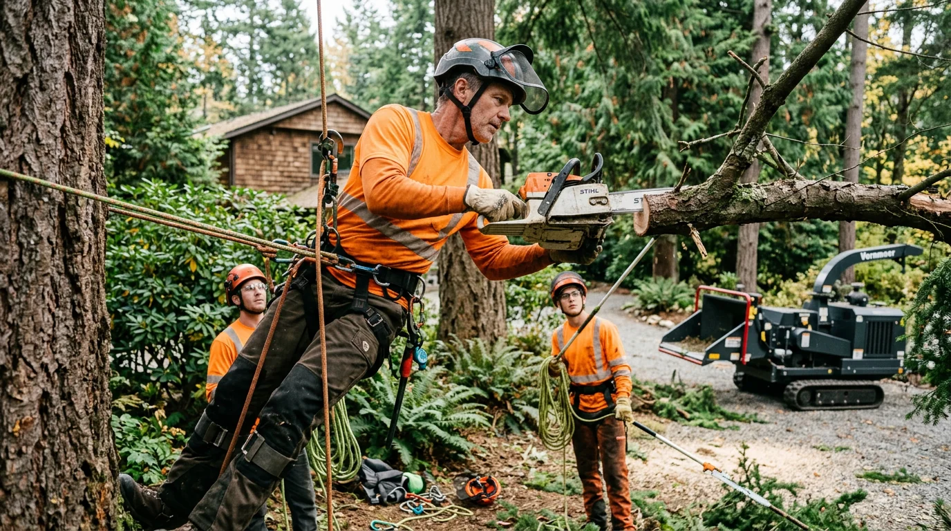 Certified arborist evaluating mature tree health on a residential Mercer Island lot