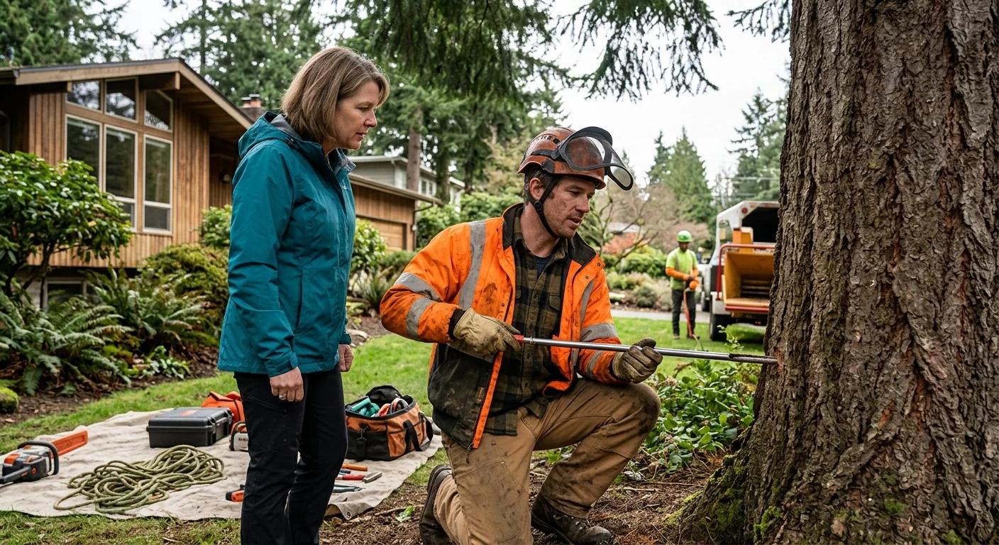 Arborist inspecting a mature tree canopy on a Mercer Island residential property