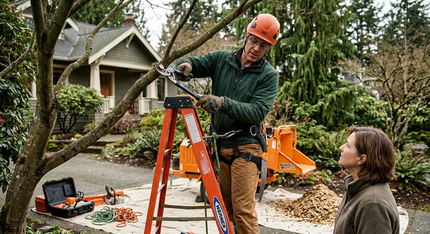 Tree service crew loading equipment for a scheduled visit in a Mercer Island neighborhood