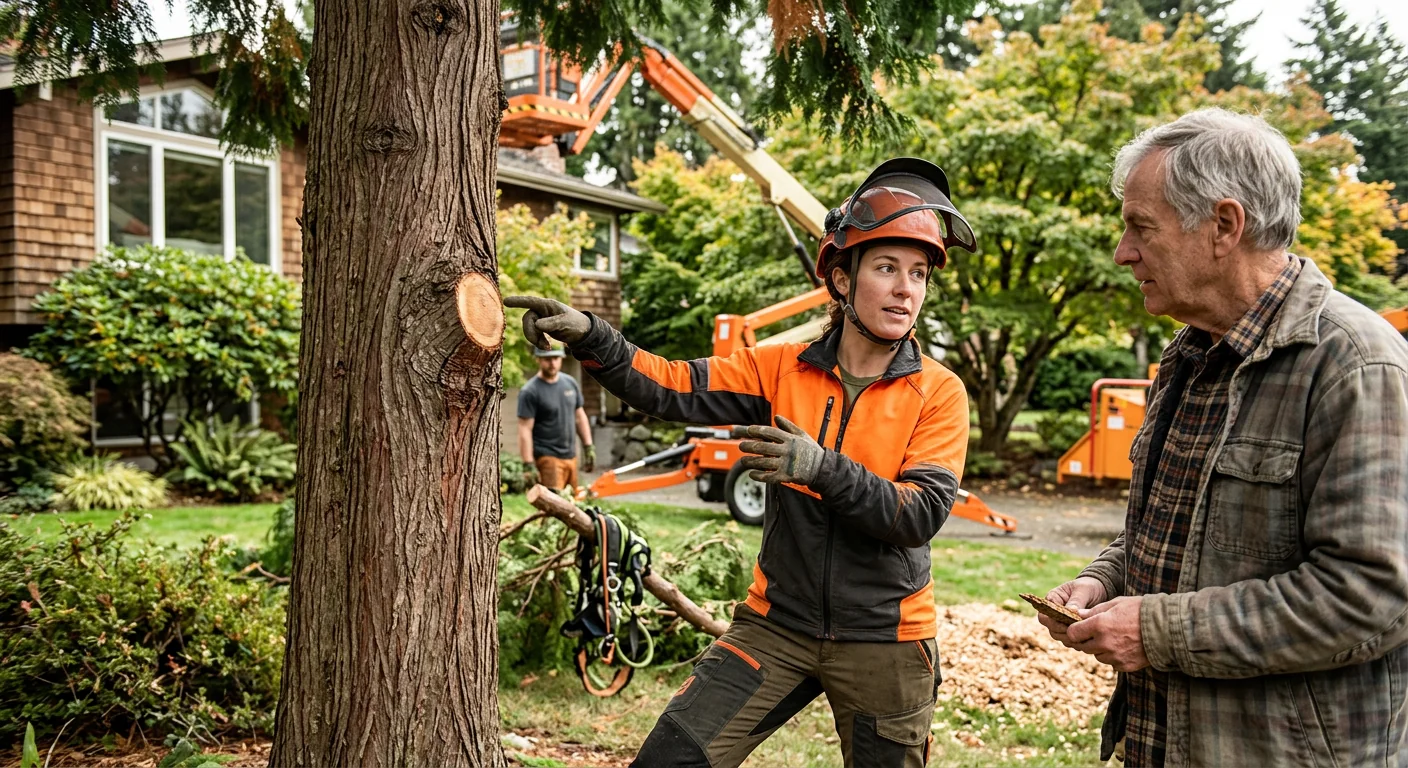 Crew reviewing finished tree work with a homeowner during a walkthrough