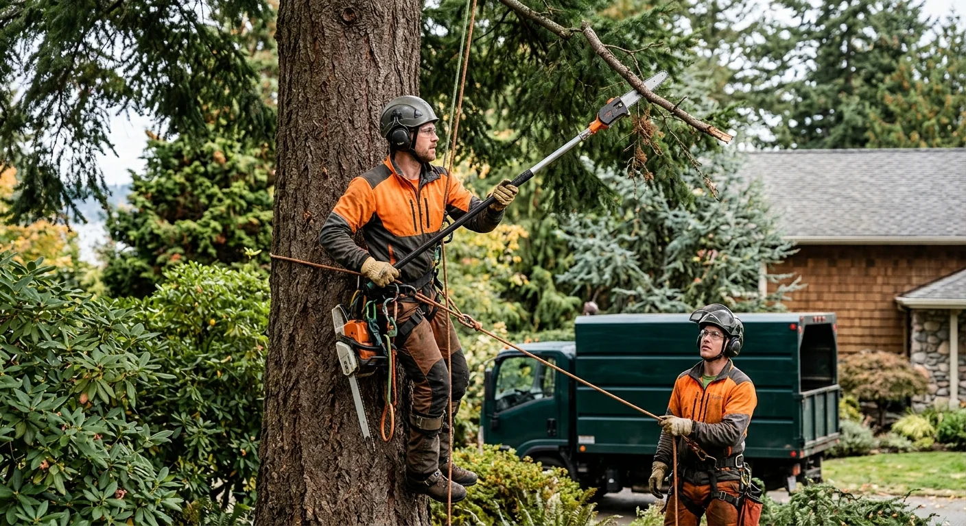 Arborist reviewing a healthy tree canopy on a Mercer Island residential property
