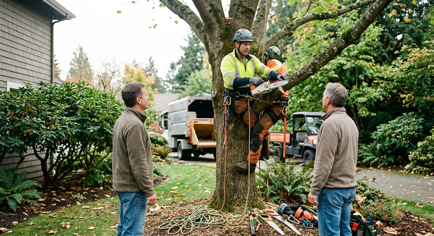 Arborist inspecting a backyard tree while preparing a written estimate for a homeowner